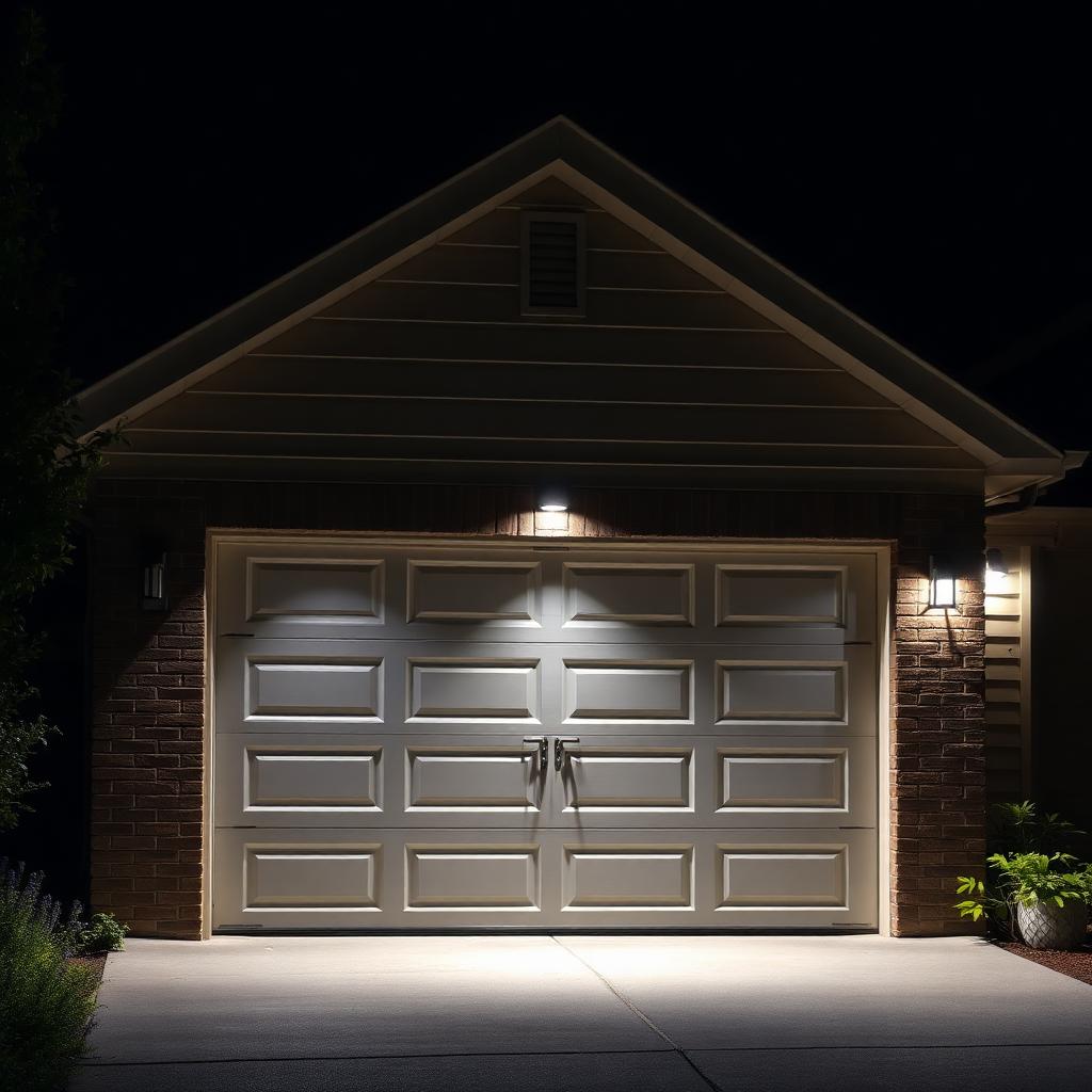 Residential garage with security lighting illuminating the driveway at night