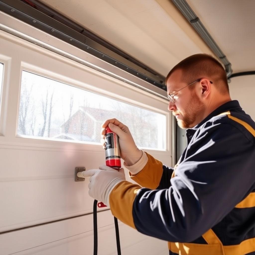 Technician performing spring maintenance on residential garage door